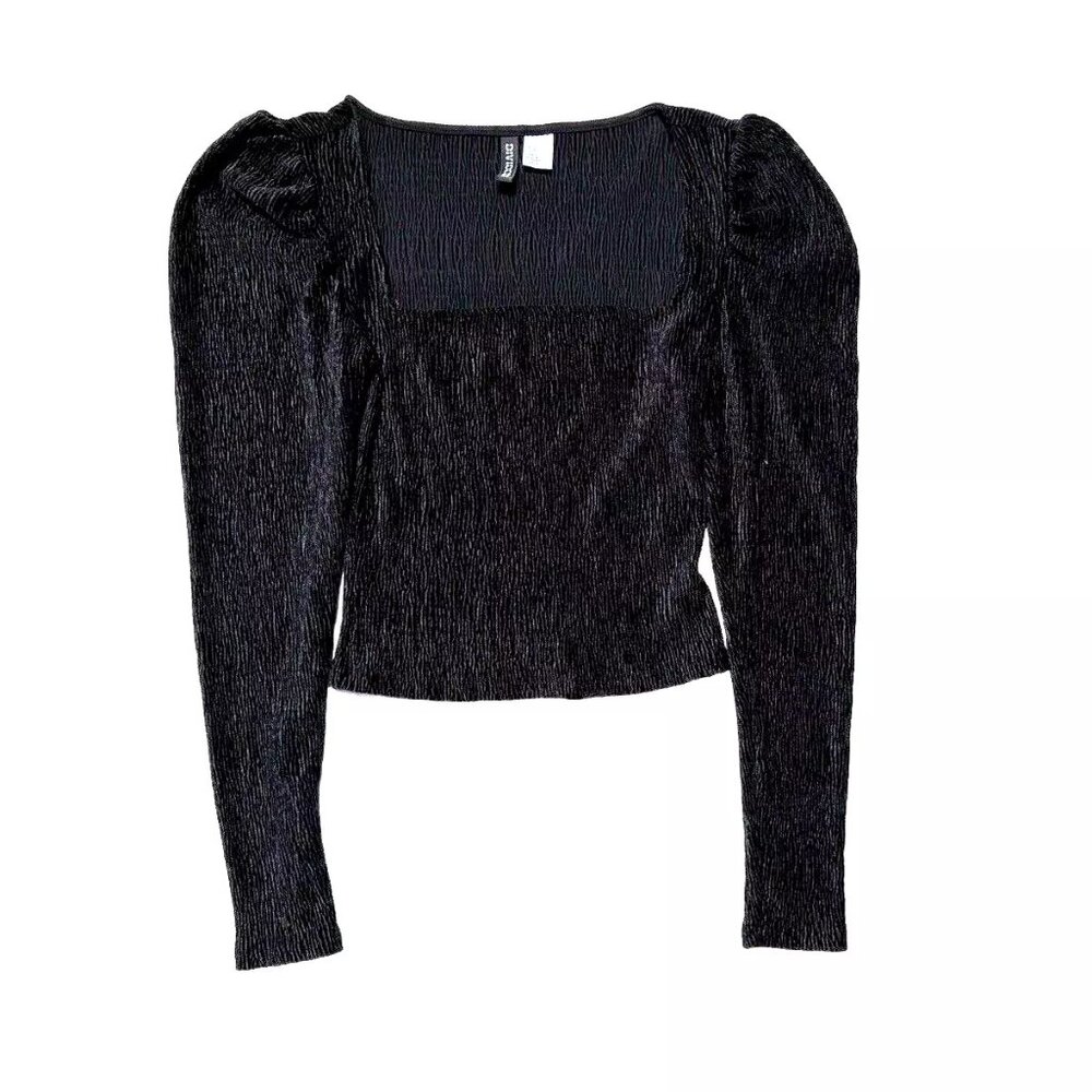 Divided H&M Black Velvet Top Square Neck Bustier Style Shirt Puff Sleeve Small